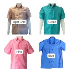 Shirt Men's Sleeve Short New Men Asian Clothes Thai Silk Traditional Button-Up