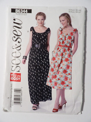 Butterick See & Sew 6344 Loose Fitting Pullover Dress w elastic Neckline Sz 4-26