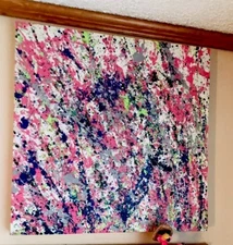 Acrylic abstract painting pink green black 20”by 20” Original