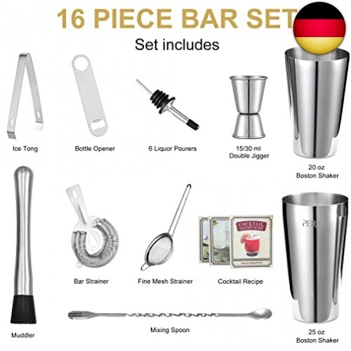 SPRINGOS 5-teiliges Cocktail Set - Edelstahl Shaker & Zubehör