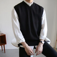 Sweater Vest Men Simple All-match V-neck Solid Sleeveless Male Tops Knitted