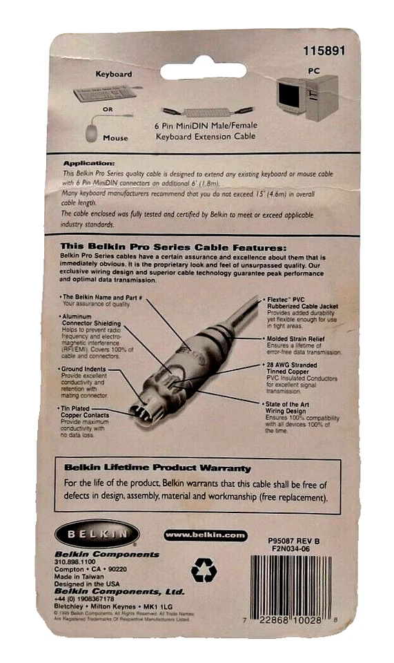 Belkin PS/2 Mouse Keyboard Extension Cable 6ft MiniDIN 6-Pin M/F PC New Sealed - Image 2 of 2