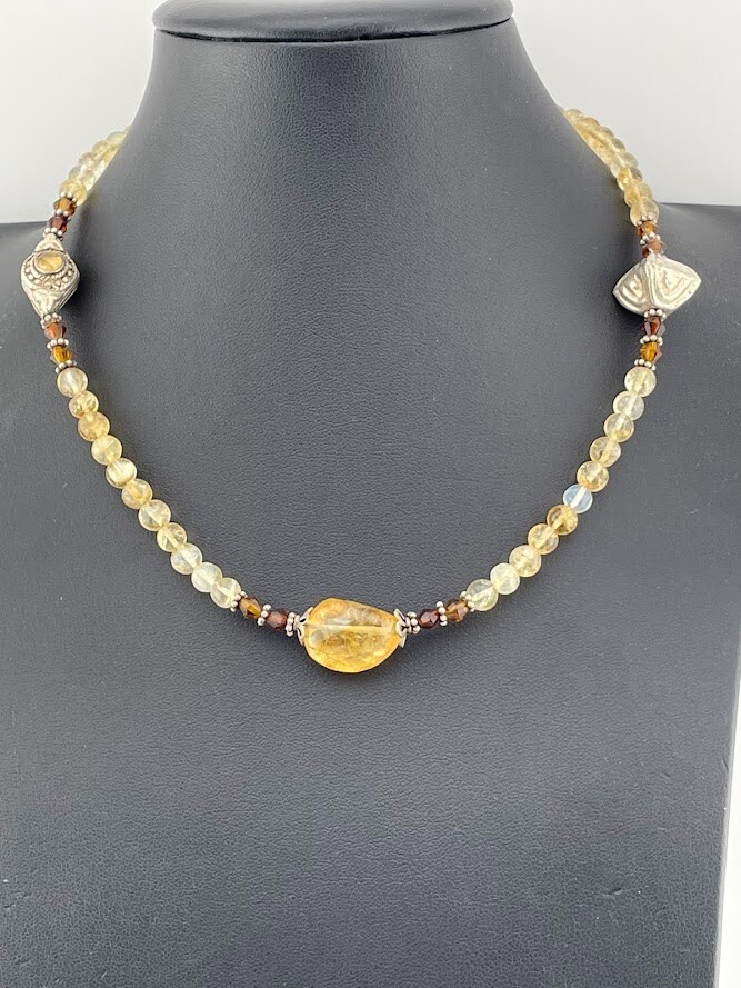 Vintage 925 Sterling Silver Citrine Bead Necklace 18