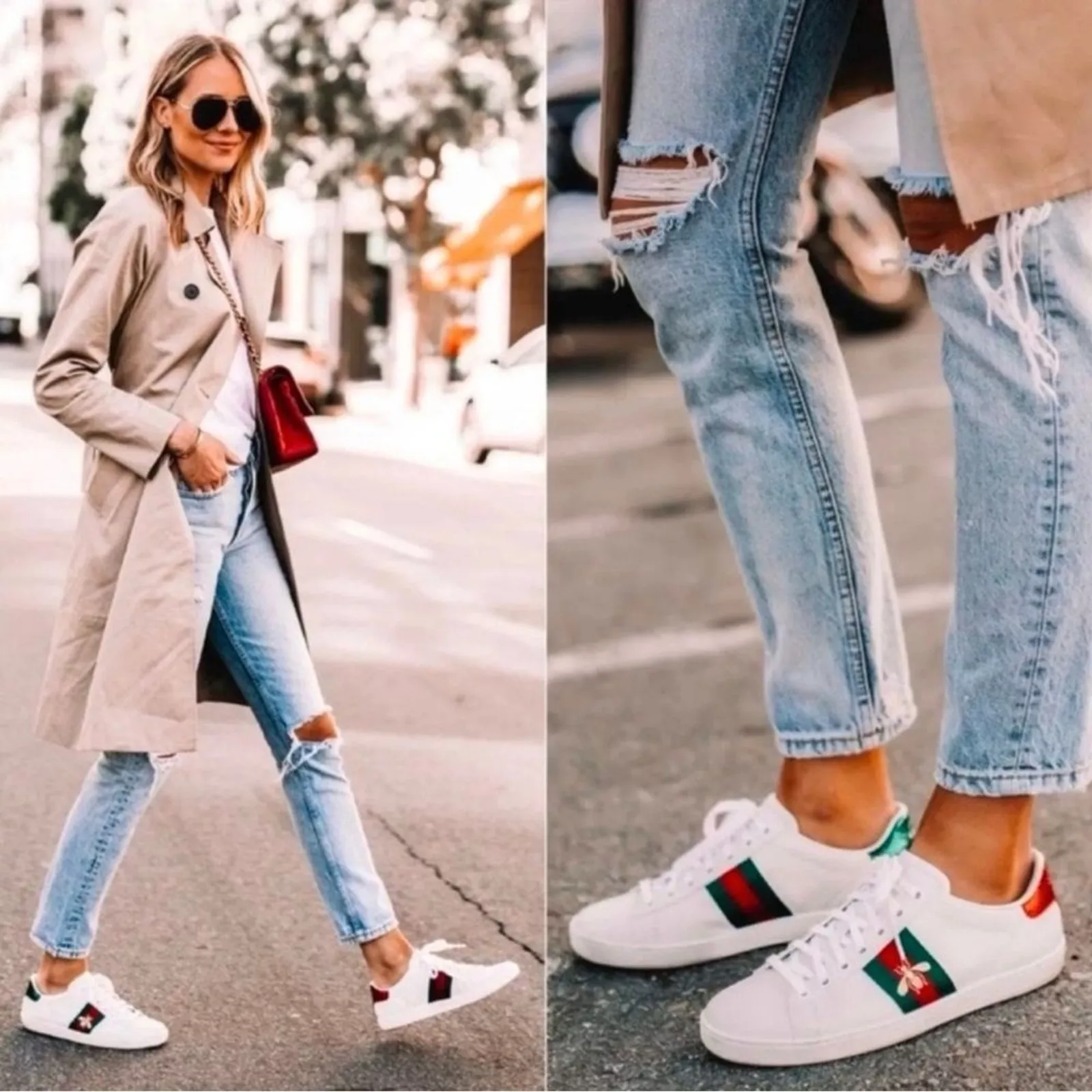 Baskets Gucci Ace Bee brodées cuir blanc rayures Web EU 37,5 US 7,5