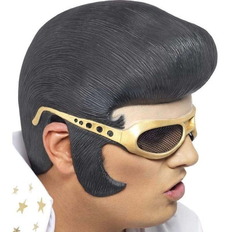Elvis Headpiece Adult Black Rubber With Gold Moulded Glasses Elvis Headpiece Adult Black Rubber With Gold Moulded Glasses