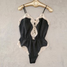 VTG Black Satin Jacquard Lace Teddy Romper M High Cut Leg Siren Boudoir