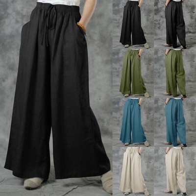 Plus Size Women Cotton Linen Harem Pants Wide Leg Baggy Casual Trousers Palazzo