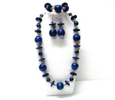 Chunky Blue Wood Bead Necklace Bracelet Earring Set