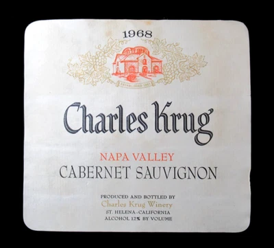 Original Vintage Wine Label 1968 Charles Krug Napa Valley Cabernet Sauvignon CA - Image 1 of 2