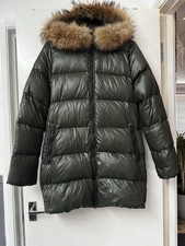 Duvetica Women’s Green Hooded Down Puffer Jacket Fur Trim Mid-Length Size 44