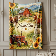 Watercolor Farm Animals Sunflowers Personalized Fleece Blanket