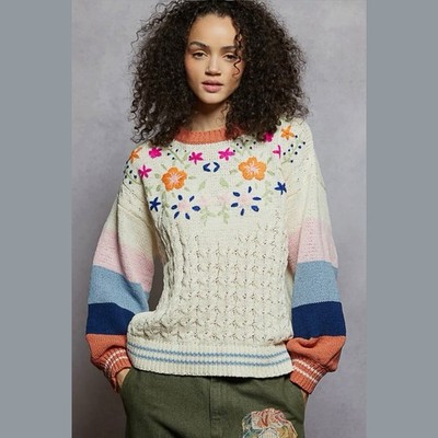 Pol Chenille Sweater Floral Embroidery Balloon Sleeve Color-Block Cream SZ S M L