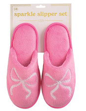 Mud Pie Women's Pink Sparkle Bow Slippers with Rubber Soles Size LG/XL NEW