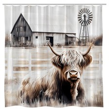 Highland Cow Shower Curtain Rustic Windmill Cabin Farmhouse Cows Western Country