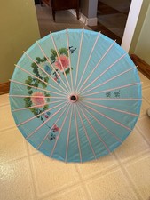 Vtg Asian Parasol Umbrella Hand-Painted Blue and Pink Nylon Fabric Bamboo