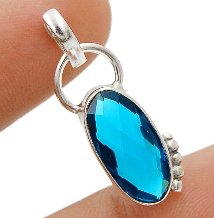 3CT Natural Flawless Blue Topaz 925 Sterling Silver Pendant 1 1/5" Long @9-2