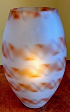 Large Thick Frosted Glass Studio Art Blown Glass Vase Orange Stripes  10" VGC