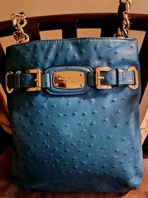 MICHAEL KORS HAMILTON CROSSBODY IN TURQUOISE BLUE OSTICH EMBOSSED LEATHER