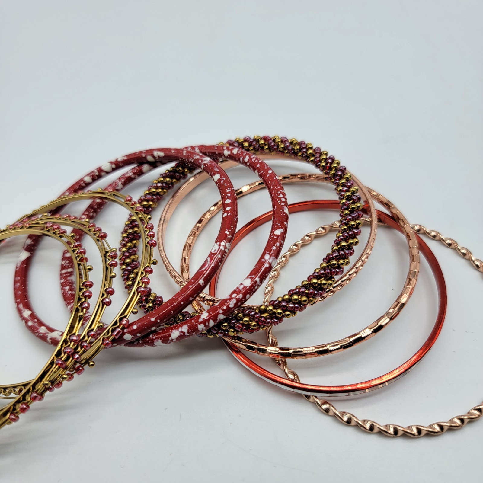10Pc Metal Stackable Bangle Bracelet Red Gold Ton… - image 3