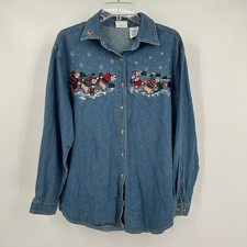 Bobbie Brooks Womens Denim Christmas Shirt Size L Festive Snowman Embroidered
