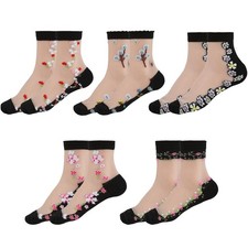 5 Pairs Women's Sheer Floral Ankle Socks Transparent Black Lace UltraThin Se...