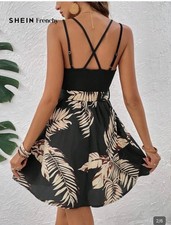 SHEIN Frenchy Black Beige Tropical Floral V-Neck Strappy Mini Dress Size S