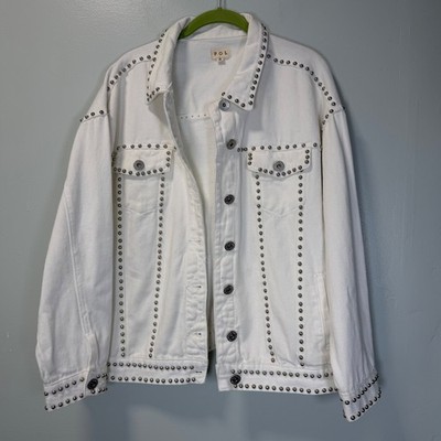 POL White Denim Studded Jacket Womens Small Oversized Cotton Trucker TWJ37B