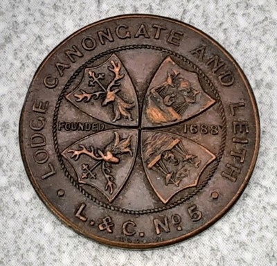 Freimaurer Medaillon Medaille Marke. Cannongate und Leith Lodge. Nr.5. Freimaurer. 1''