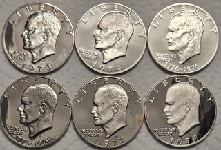 6 Proof Clad Eisenhower Dollars 1973 S Thru 1978 S W/Bicentennial T 1 & T 2