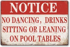 Pool Table Rules Tin Sign Billards Room Wall Decor Notice No Dancing Drinks Sitt