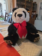 STEIFF Plush Panda Bear With Red Bow 670077 10 Inch