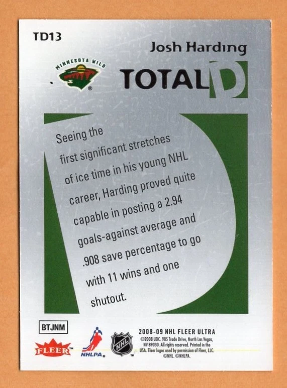 Josh Harding Minnesota Wild NHL goalie card 2008-09 Fleer Ultra Total D - Image 2 of 2