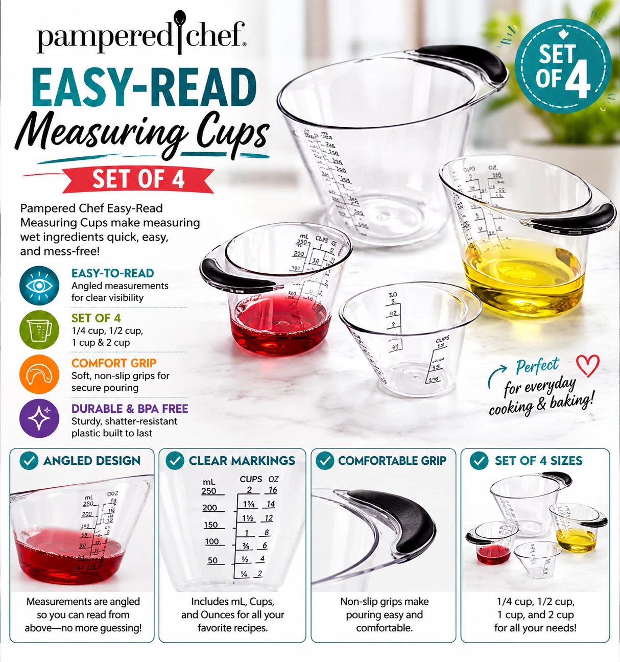 New Pampered Chef EASY-READ Measuring Cups Set of 4 #100193
Opens in a new window or tab