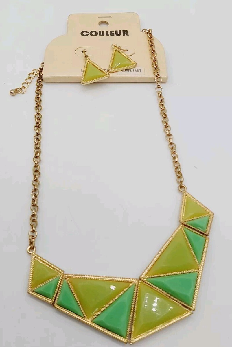 Necklace Geometric Panel Green Triangle Gold Tone Choker Earrings