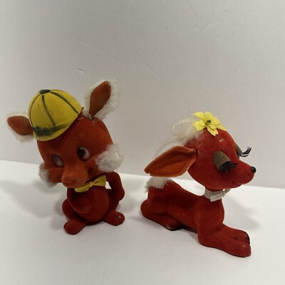 Vintage Red Christmas Reindeer  And Fox Velour Plush Figure