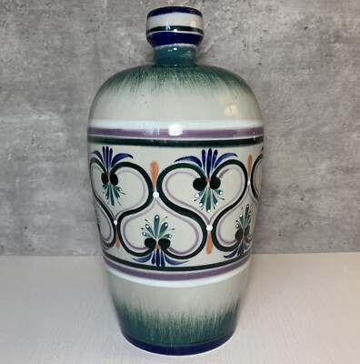 Vintage Tonala Mexico Art Pottery Blue & Purple Banded Jug Vase 11.25'' Erandi