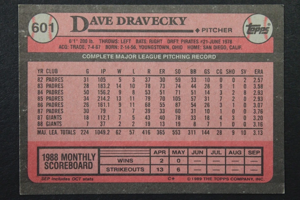 Dave Dravecky San Francisco Giants Autographed 1989 Topps #601 Signed Card - Image 2 of 3