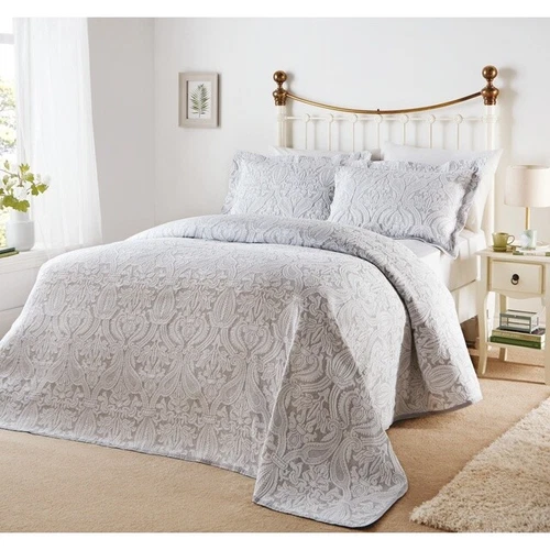 Bella Grey White Brocade Jacquard Cotton Rich Matelasse Bedspread / Pillowsham