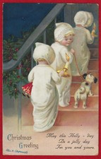 Vtg Clapsaddle Christmas Children w/Candlesticks Dog on Stairs A/S PC Emb c1914
