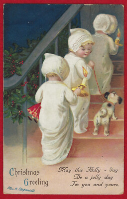 Vtg Clapsaddle Christmas Children & Dog Go Upstairs Lit Candles A/S PC Emb c1914