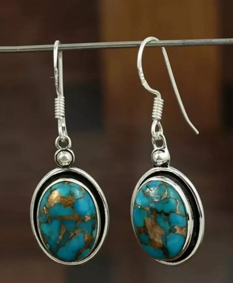Blue Copper Turquoise Solid 925 Sterling Silver Beautiful Popular Earring, M661 - Image 4 of 4