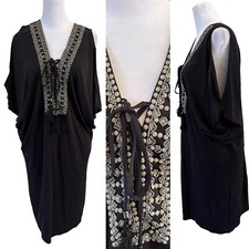 Abito copricostume Hale Bob nero con perline impreziosito e lacci spalle fredde drappeggiato M