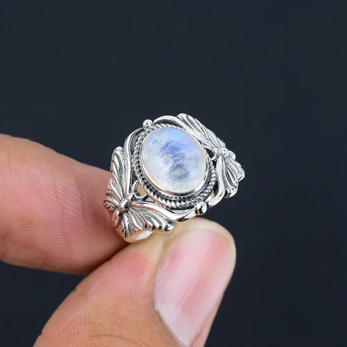 Natural Moonstone Gemstone Solid 925 Sterling Silver Butterfly Ring Jewelry HR-