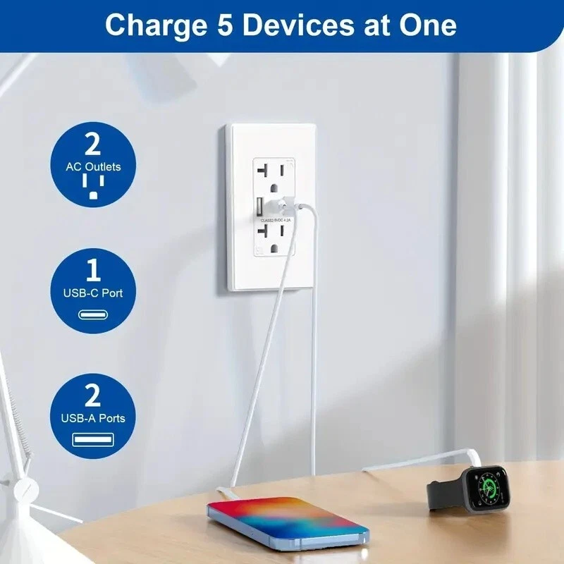 Paquete de 8 tomas de pared USB, receptáculos USB C de 3 puertos, 20 amperios resistentes a manipulaciones Foto 3 de 4