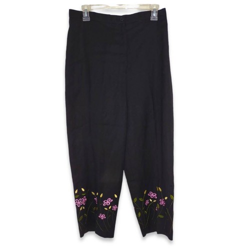 Larry Levine Black Pants Linen Pink Floral Embroidery Zip Front Lined 12 - Picture 8 of 8