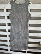 BABEYOND Silver Beaded Sequin Tasseled Flapper New Years Holiday Party Dress L.