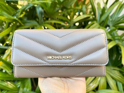 MICHAEL KORS JET SET TRAVEL LARGE TRIFOLD WALLET QUILTED STRIPE DUSK