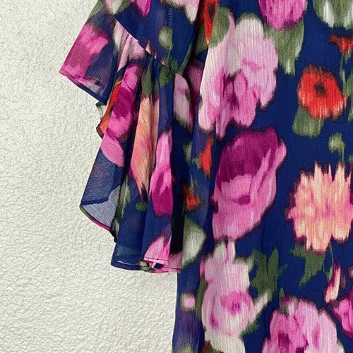 Vestido Calvin Klein Talla 2 Mujer Azul Marino Rosa Floral 3/4 Volantes Manga Campana Gasa - Imagen 3 de 10