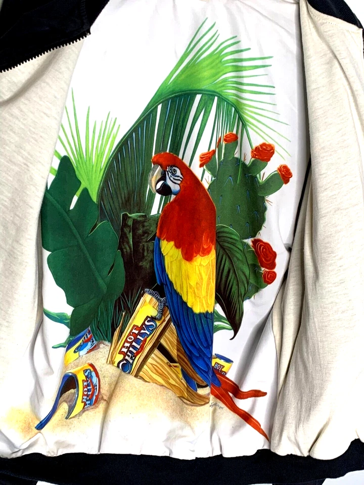 Chaqueta reversible Hot Chillys vintage para hombre firmada loro obra de arte Linde 89 rara Foto 3 de 4