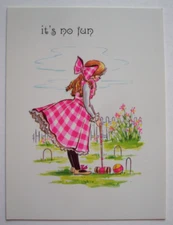 Gingham dress girl plays croquet unsigned vintage Get well greeting card *UU23